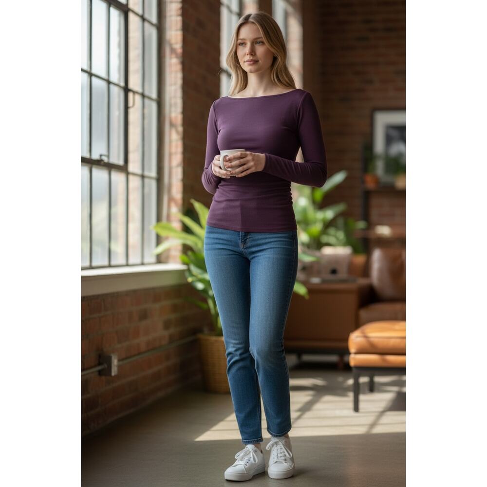 OGL Top Size M NEW Purple Deep Fig Modern Side Ruched Boatneck Brami Top Stretch